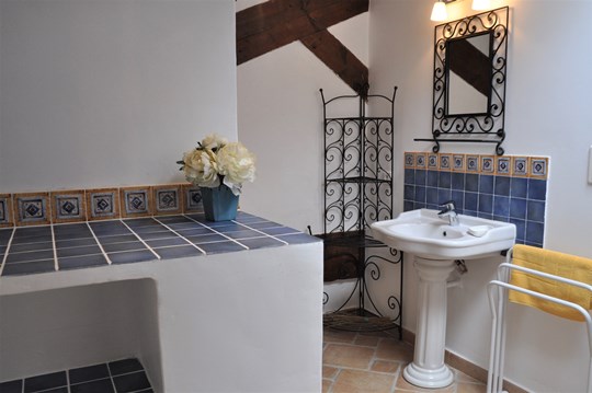 Mas des Oliviers at Moulin de la Roque, Saint-Remy, bath for second bedroom, shower with bench, toilet and the washing machine